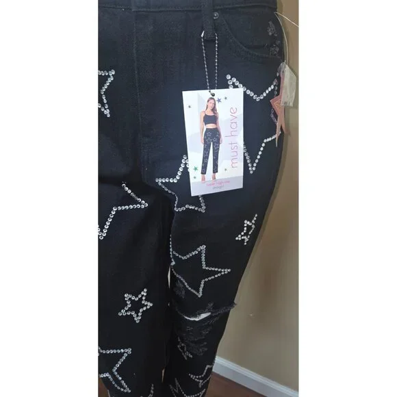 Simple Society Bling Stars Distress Super High Rise Black Jeans Size 7/ 28 NEW - Picture 2 of 10